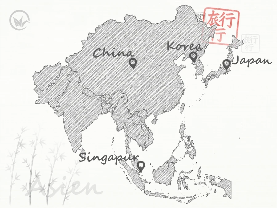 Handgezeichnete Karte von Asien, auf der China, Japan, Korea und Singapur markiert sind.