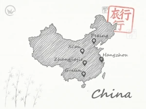 Gezeichnete Karte von China, die schönsten Reiseziele markiert