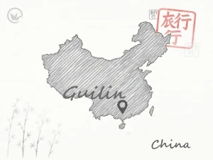 Gezeichnete Landkarte von China, auf der das Reiseziel Guilin markiert ist.