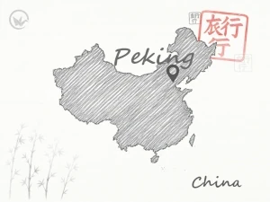 Gezeichnete Landkarte von China, auf der das Pauschalreiseziel Peking markiert ist.