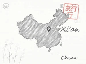 Gezeichnete Landkarte von China, auf der das Reiseziel Xi'an markiert ist.