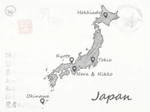 Gezeichnete Karte von Japan, die schönsten Reiseziele markiert