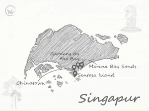 Gezeichnete Karte von Singapur, die schönsten Reiseziele markiert