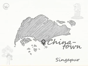 Gezeichnete Singapur-Karte, auf der das Reiseziel Chinatown & Little India markiert ist.