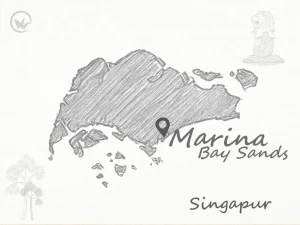 Gezeichnete Singapur-Karte, auf der das Hotel Marina Bay Sands markiert ist.