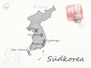 Gezeichnete Karte von Südkorea, die schönsten Reiseziele markiert