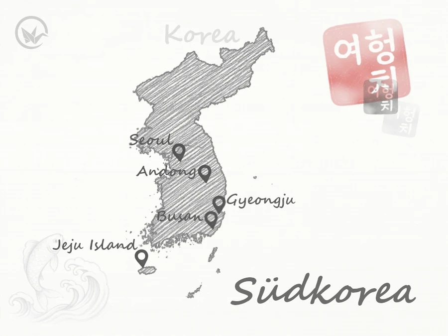 Gezeichnete Karte von Südkorea mit weichem Papyrus im Hintergrund. Die wichtigsten Reiseziele für Pauschalreisen in Südkorea sind markiert.