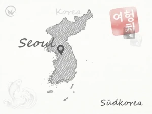 Gezeichnete Karte von Südkorea, auf der das Reiseziel Seoul markiert ist.